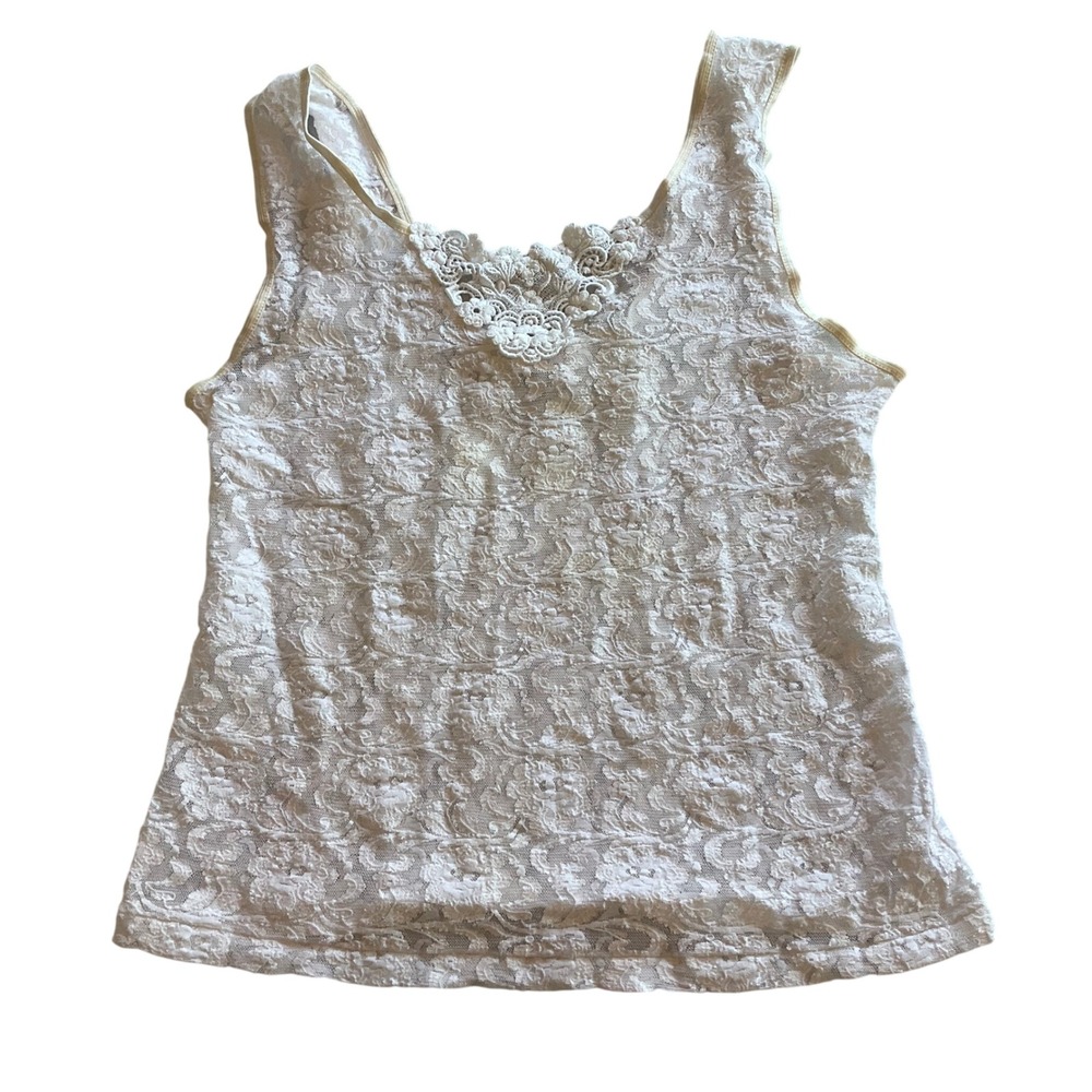 Romantic Moods White Lace Tank Top Women's Large Made in USA Filigree Detail